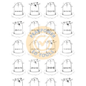 May include: A black and white worksheet with a mole character in each box. The worksheet is for addition to 100. Each box has an addition problem and the correct answer is written below the problem. The student is instructed to color the mole with the correct answer.