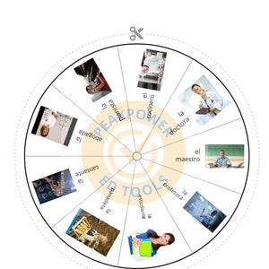 May include: A colorful wheel with images of different professions, including a doctor, a pianist, a lawyer, a chef, a teacher, a singer, a baker, a student, and a hairdresser. The wheel is labeled with the words "el" and "la" in Spanish, which are used to indicate the gender of the noun.