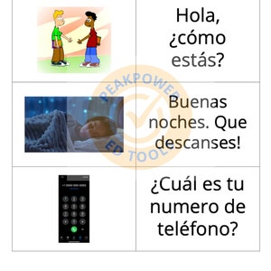 Puede incluir: Una hoja de trabajo con cuatro cuadros, cada uno con una imagen y una frase en español. El primer cuadro muestra a dos personas dándose la mano y dice "Hola, ¿cómo estás?" El segundo cuadro muestra a una persona durmiendo y dice "Buenas noches. Que descanses!" El tercer cuadro muestra un teléfono móvil con un teclado y dice "¿Cuál es tu número de teléfono?"