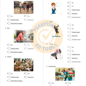 Op de afbeelding: Een werkblad met zeven afbeeldingen en meerkeuzevragen. De afbeeldingen tonen mensen die dansen, een auto wassen, eten, telefoneren, dansen, dansen en winkelen. De vragen vragen de gebruiker om de werkwoorden in de tegenwoordige tijd te vervoegen.