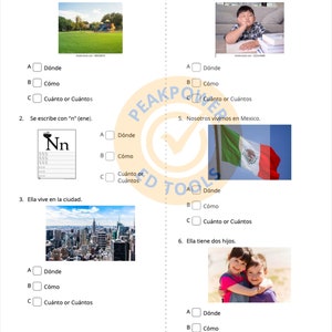Puede incluir: Una hoja de trabajo en español con preguntas de opción múltiple sobre las palabras "dónde", "cómo" y "cuánto". La hoja de trabajo incluye imágenes de un parque, un niño, un horizonte de ciudad, una bandera mexicana y dos niños.