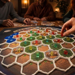 May include: A board game with a hexagonal grid, featuring various colored game pieces. The game board has brown, green, and white sections. Players are seen interacting with the game, placing pieces on the board. The game pieces are red, green, and yellow.