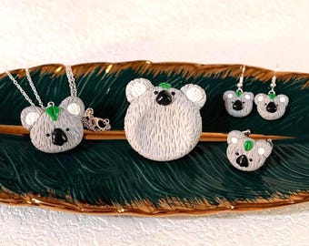 Handmade Koala Jewelry, Koala Earrings Necklace Ring & Worry Stone, Animal Accessories