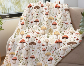 Couverture champignon Cottagecore, jeté en polaire sherpa, décoration florale Forestcore, couverture de canapé en velours doux, cadeau pour amateur de champignons