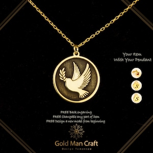 14K Solid Gold Dove Necklace: Engraved Olive Branch Pendant, Spiritual Gift