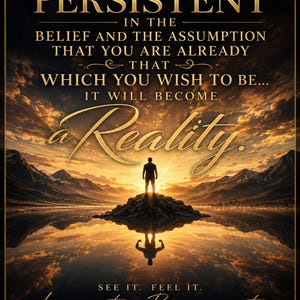 May include: Motivational poster with a sunset scene, mountains, and a reflective lake. The image features a silhouette of a person standing on a small hill. Text includes "If you are persistent...it will become a Reality."