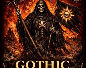 Carta del Tarot de la Muerte - Arte mural gótico - Póster oscuro y ocultista - Lámina de la Parca en carmesí y dorado - Decoración mística - Memento Mori - Descarga instantánea