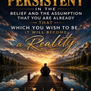 May include: An inspirational poster with the text "IF YOU ARE PERSISTENT... IT WILL BECOME a Reality." A person sits on a wooden dock overlooking a lake and mountains. The bottom of the poster reads "SEE IT. FEEL IT. LIVE IT. BECOME IT."