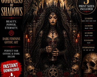 Arte mural gótico de la Diosa de las Sombras / Decoración femenina oscura / Lámina de brujería / Póster gótico para dormitorio / Lámina de arte Dark Academia / Cuervo oculto