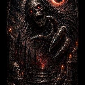 May include: A digital illustration of a skeletal figure with long, dark hair and glowing red eyes, reaching out with a clawed hand. The background features a dark, gothic landscape with a red sun and lit candles, creating a spooky, horror theme.