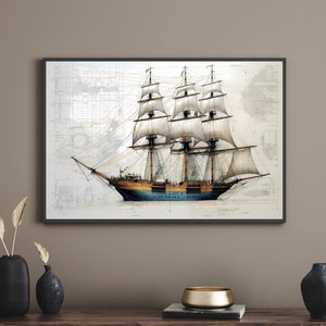 Ship poster, ship wallart, printable old ship wall art, sailing ship illustration, ship sails poster, navy ship, vintage ship build poster