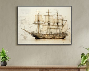 Vintage zeilschip blauwdrukkunst: antiek nautisch reisdecor (digitale download)