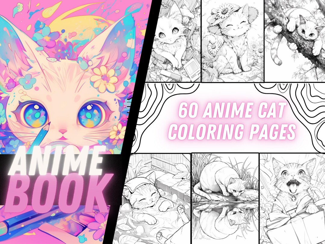 アニメ猫の塗り絵 | 大人と子供向けの75ページのマンガスタイルの印刷可能なPDF | すぐにダウンロード | マンガとアニメ - Etsy 日本, image size:1080x810