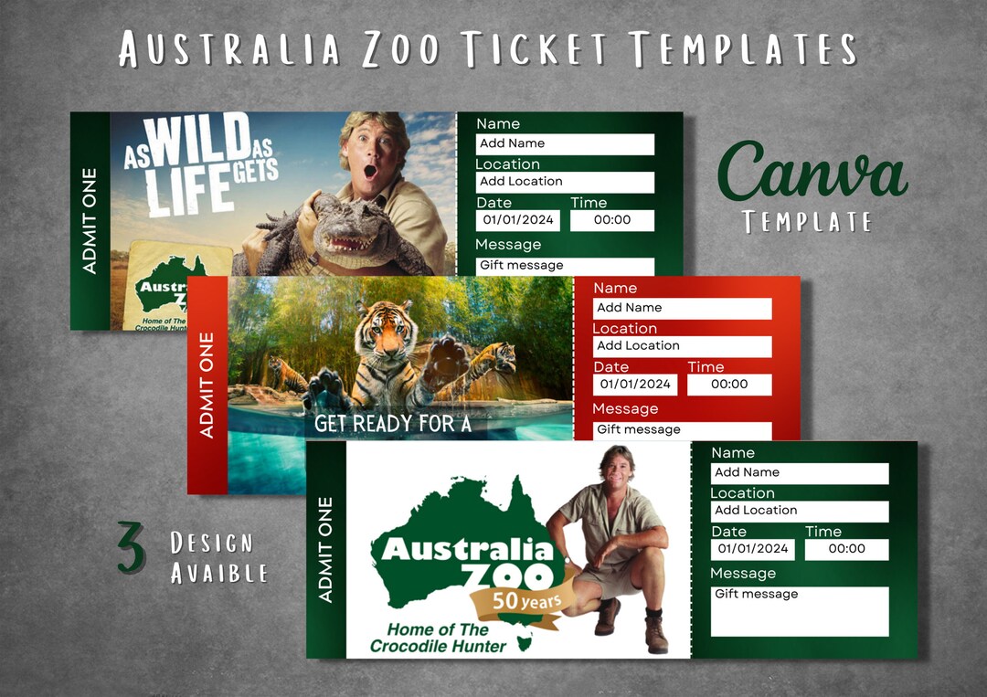 Editable Australia Zoo Tickets Templates Printable Steve Etsy