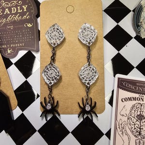 Silver Mirrored Webbed Spider Dangle Earrings