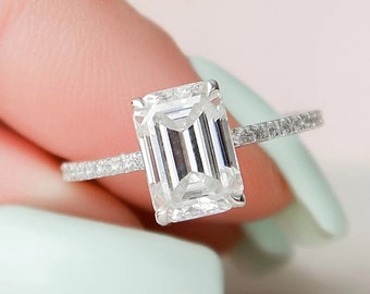 3.0Ct Emerald Cut Moissanite Diamond Halo Set Engagement Ring, Emerald Wedding Ring, Dainty Gold Ring, Sterling Silver Ring, Birthday Gifts