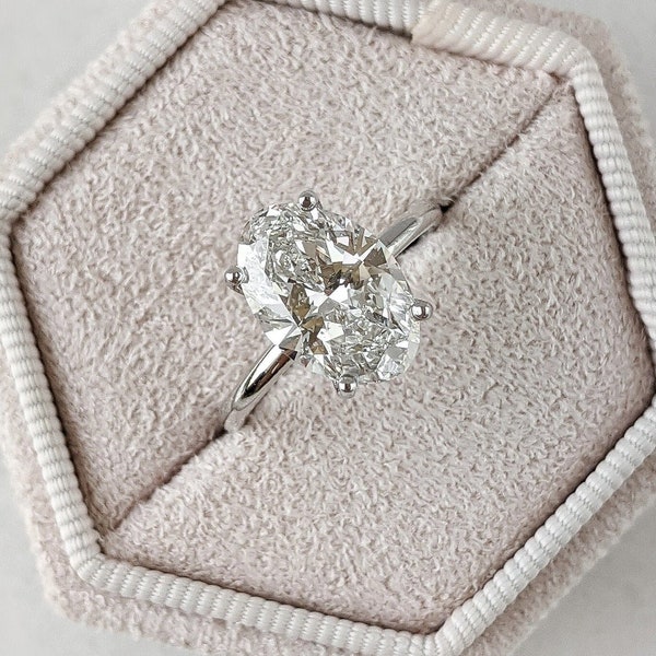 Anillo de compromiso con solitario de 4 puntas de moissanita de talla ovalada brillante de 3 quilates, EF VVS1, anillo de oro blanco de 14 qt, anillo certificado GRA, anillo de aniversario