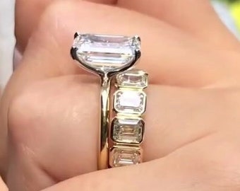 3CT Emerald Cut Moissanite Engagement Ring Set 14K Solid Gold Bridal Ring Set For Her Wedding Ring With Bezel Set Emerald Full Eternity Band
