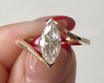 1ct Marquise Cut Moissanite Split Shank Solitaire Engagement Ring Unique Moissanite Wedding Ring Marquise Ring Solid gold Ring Gifts For her