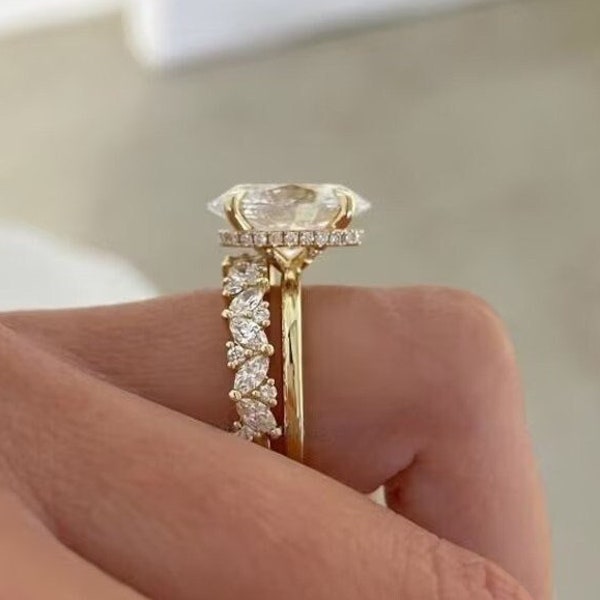 Ensemble de bagues de mariée Moissanite de coupe ovale, 3 carats, ensemble de bagues assorties taille marquise, ensemble de bagues de fiançailles vintage, ensemble de bagues en or 14 carats, cadeaux d'anniversaire