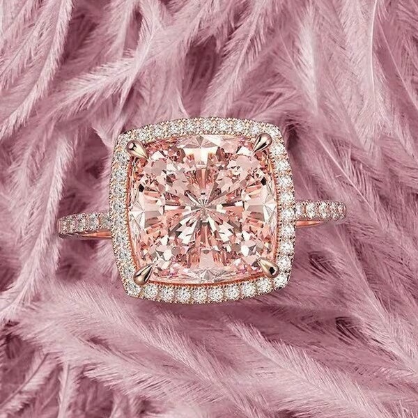 Cushion Cut Pink Moissanite Engagement Ring, Peach Pink Cushion Wedding Ring, Pink Moissanite Ring, Bridal Wedding Ring, Anniversary Gifts