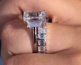 4Ct Trilogy Emerald Cut Moissanite Diamonds Paired With Bezel Set Emerald Full Eternity Band Wedding Ring Set White Gold Bridal Ring Set