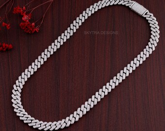 Unisex Diamond Cuban Linked Chain, 10mm Wide Cuban Necklace, Silver Moissanite Miami Cuban Chain, Sterling Silver Necklace / Bracelet