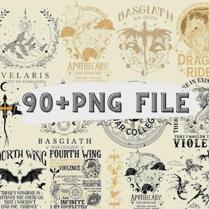 Puede incluir: Una colección de diseños de arte digital con temática de fantasía. Los diseños incluyen ilustraciones de dragones, montañas y texto como "Fourth Wing" y "Apothocary". También está presente el texto "90+ PNG FILE".