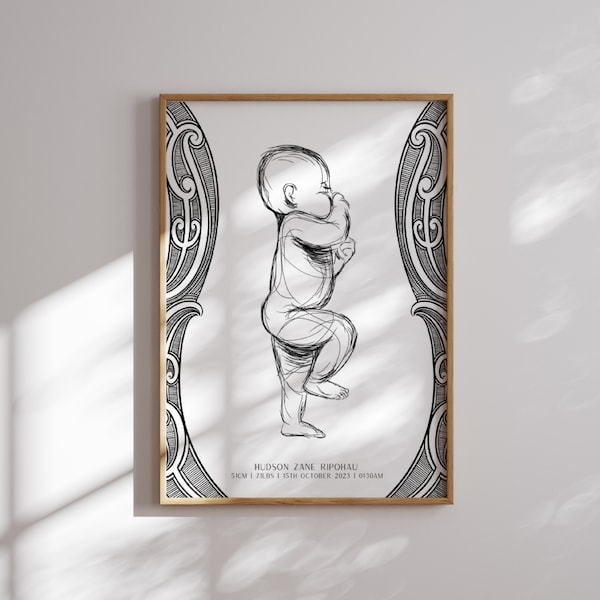 Poster de naissance personnalisé à imprimé maori | Décoration de chambre d'enfant minimaliste personnalisée | Impression A2 | whanau | papi | nouveauté | Aotearoa