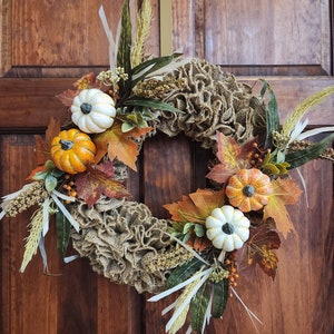 Thanksgiving Door Decor, Fall Wreath, Pumpkins and Burlap, Burlap Door Decor, Autumn Floral Wreath, Orange and White Pumpkin Wreath.