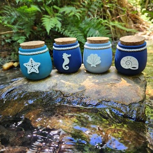 May include: Four small, blue decorative jars with cork lids and rope accents. Each jar features a different white sea-themed design: a starfish, seahorse, seashell, and spiral shell. The jars are arranged on a rock near a stream.