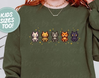 Green Stardew Cat Sweater Pixel Art Star Dew Videogame Gift, Pixelated Design, Inclusive Sizing, SDV Sweat Shirt Cozy Sweatshirt Gamer Girl