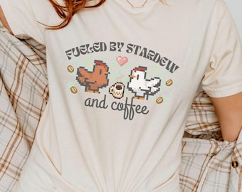 Coffee + Stardew T-Shirt, Stardew Valley Coffee Lover, Cozy Gamer Girl Tee, Pixelated Design Clothes, Kawaii Star Dew Apparel, Pixel Chicken