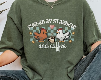 Coffee + Stardew T-Shirt, Stardew Valley Coffee Lover, Cozy Gamer Girl Tee, Pixelated Design Clothes, Kawaii Star Dew Apparel, Pixel Chicken