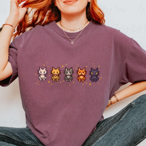 Stardew Cats Premium Tee, Comfort Colors Stardew Valley Pixel Art T-Shirt, Star Dew Videogame Gift, Kitty Pixelated Design TShirt Kawaii Top