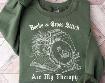 Books and Cross Stitch Lover Sweatshirt, Cross Stitcher Apparel, Literary Cross Stitching Gift, Sweater Reading Lover Cross Stitch Shirt