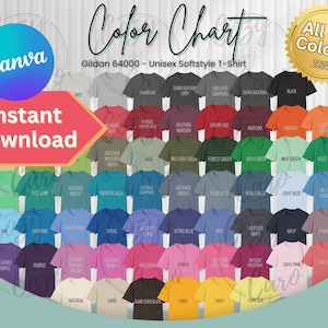 Gildan 64000 Color Chart Bearbeitbar in Canva Mockup Color Guide 64000 Softstyle Tee POD Bearbeitungsvorlage