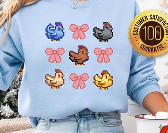 Pixel Chicken Bow Sweatshirt, Perfect Gift for Gamers, Coqette Stardew Valley Inspo, Hoodie Cozy Game Present, Cutesy Farm Girl Sweater SDV