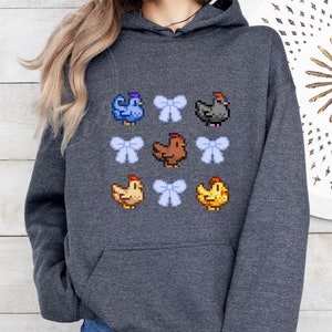 Stardew Chicken Coquette Sweater, Perfect Gift for Gamer Bow Shirt, Valley Chicken Hoodie Cozy Game Present, Cutesy Farm Girl Sweatshirt SDV
