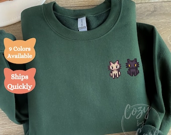 Embroidered 1.6 Pixel Cats New Black and White Sweatshirt Stardew Valley Update Pet Shirt Cozy Gamer Gift Pelican Town Sweater SDV Animals