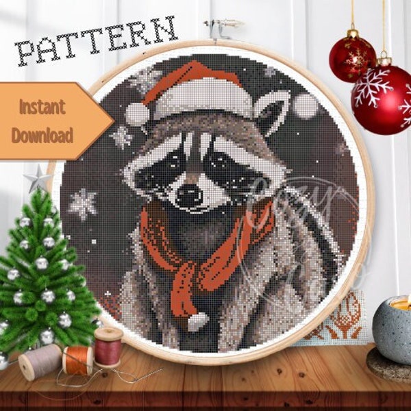 Santa Racoon Cross Stitch Pattern Christmas Embroidery Instructions Simple Crossstitch Trash Gang Raccoon Printable Download Gremlincore PDF