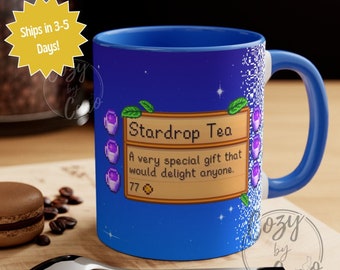 Taza de café Stardew Valley, taza de té Stardrop, regalo para fans de Stardew Valley, taza azul con diseño pixelado para chicas gamers