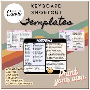 May include: A colorful printable keyboard shortcut template for Windows. The template features a pink, orange, and yellow color scheme with cute images of a cat and roller skates. The template includes keyboard shortcuts for common Windows functions, such as opening the Task Manager, taking screenshots, and switching users.