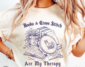 Books and Cross Stitch Lover TShirt, English Teacher Cross Stitcher Apparel, Literary Cross Stitching Gift, Reading Lover Cross Stitch Shirt
