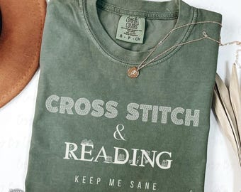 Reading and Cross Stitch Lover T-Shirt, English Teacher Cross Stitcher Apparel, Literary Cross Stitching Gift, Book Lover Cross Stitch Shirt