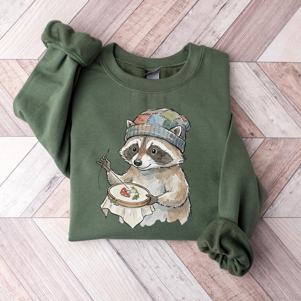 Sudadera de punto de cruz con mapache, camiseta de cuello redondo para amantes del punto de cruz, suéter para bordadores de punto de cruz, regalo de punto de cruz para mejores amigos