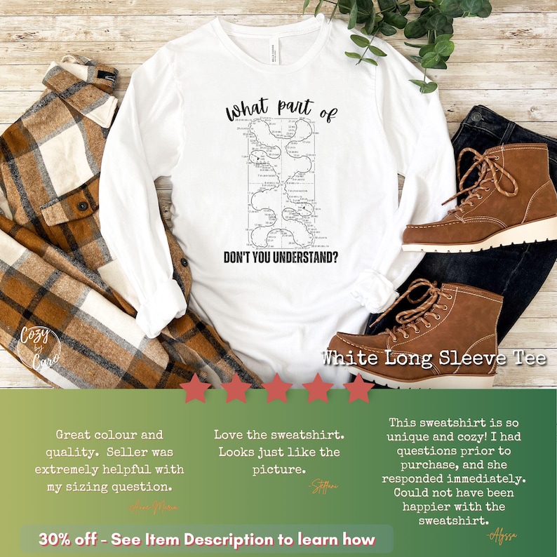 May include: White long-sleeve t-shirt with a black and white graphic of a map with the text "what part of DON'T YOU UNDERSTAND?" printed on it. The shirt is displayed on a wooden surface with a plaid shirt and brown boots.