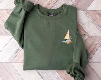 Camiseta/Moletom com Estampa de Barco à Vela em Aquarela, Moletom Fofo com Gola Redonda para Marinheiros, Presente para Amantes de Barcos Náuticos, Camiseta para Navegação no Oceano, Suéter Marítimo, Vibrações Costeiras