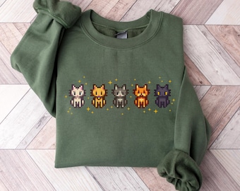 Stardew Cat Sweatshirt Star Dew Videogame Gift, Pixelated Design, Inclusive Sizing, SDV Sweat Shirt Cozy Sweater Kids Youth Sizes, Pixel Art