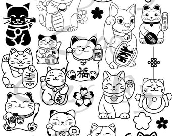 Lot de fichiers SVG chat porte-bonheur pour Cricut Maneki Neko, fichiers imprimables pour bricolage vinyle SVG japonais Pack de fleurs de cerisier Sakura